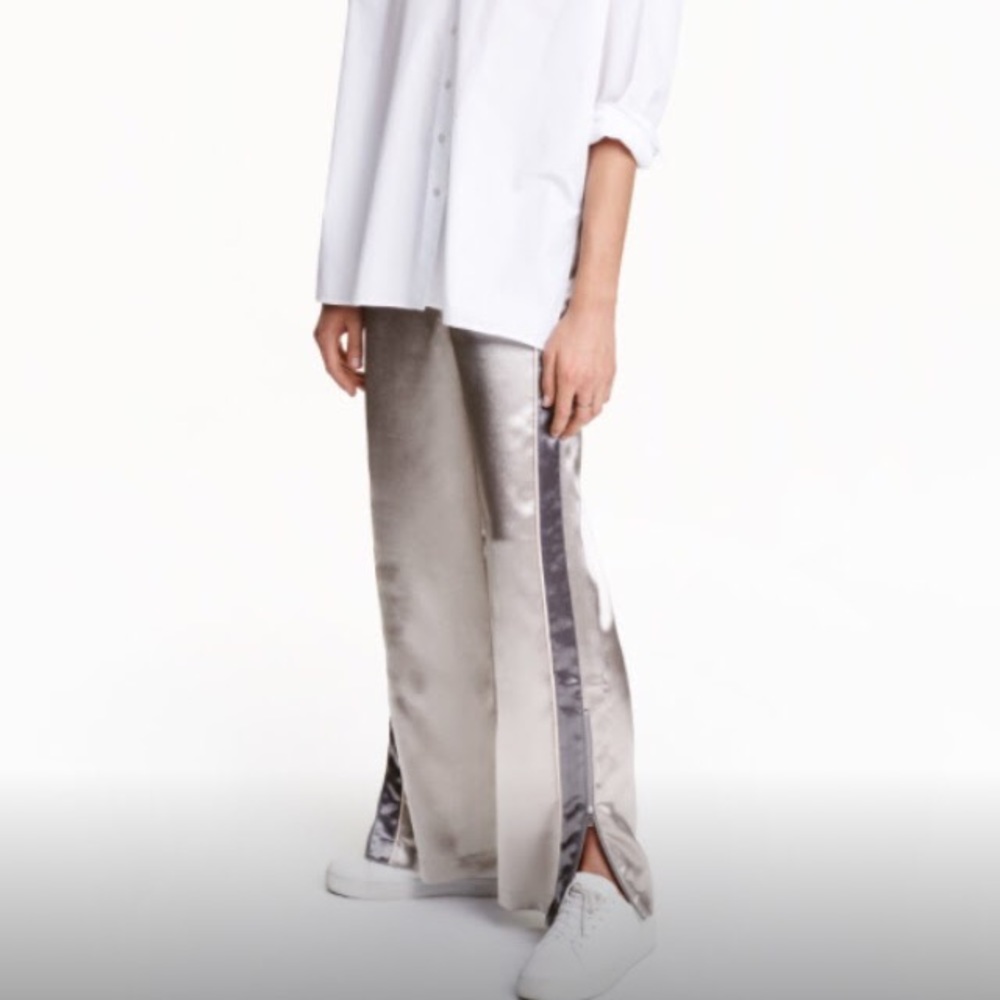 H&M Silver Satin Joggers with side zipper, stripe